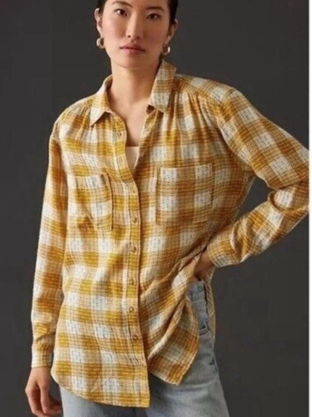 Anthropologie Pilcro Mustard Yellow Plaid Button-Down Shirt Size M